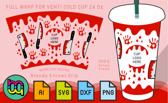24oz Cold Cup Full Wrap Bloody Knife: Graphics & Print Templates