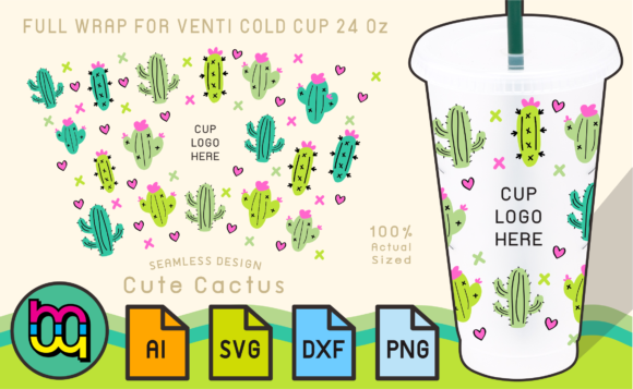 24oz Cold Cup Full Wrap Cute Cactus Graphics and Print Templates