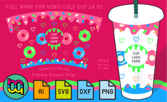 24oz Cold Cup Full Wrap Fancy Donut Drip Graphics