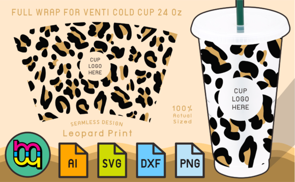 24oz Cold Cup Full Wrap Leopard Print Graphics