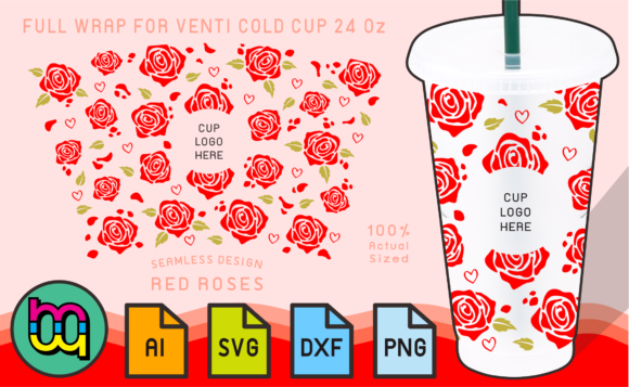 24oz Cold Cup Full Wrap Red Roses Graphics