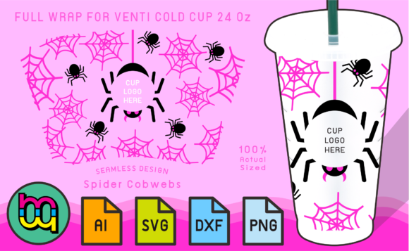 24oz Cold Cup Wrap Pink Spider Cobwebs: Graphics & Print Templates