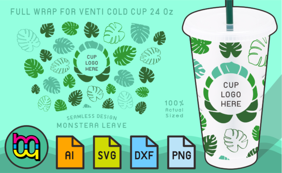 24oz Venti Cold Cup Fullwrap Monstera Graphics