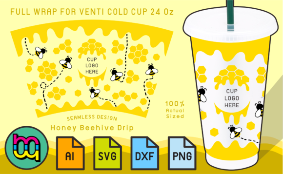 24oz Venti Cold Cup Honey Beehive Wrap: Graphics & Print Templates