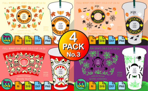 4 Pack 3 Halloween 24oz Cold Cup Wraps Graphics
